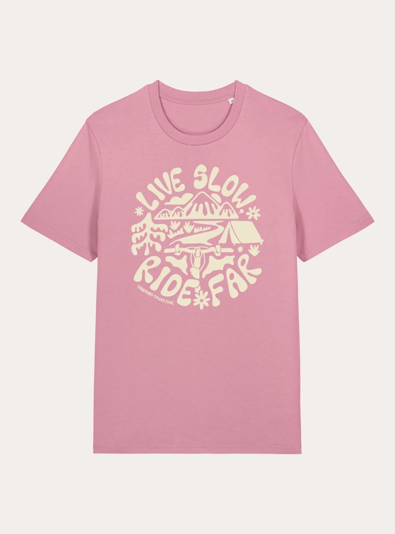 Pink unisex tee with white graphic mountain bike design and text 'Live Slow Ride Far' from Unbound Collective