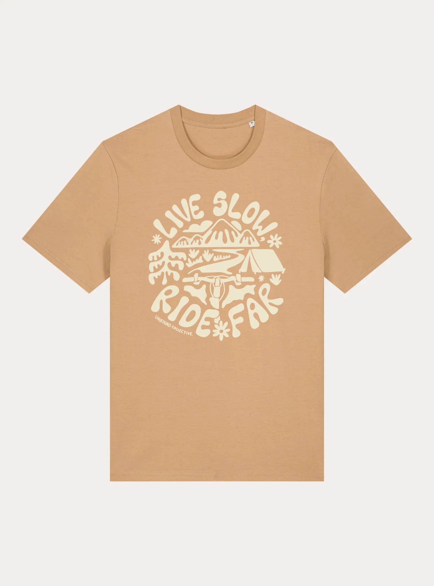 Beige unisex tee with white "Live Slow Ride Far" mountain bike graphic and camping design