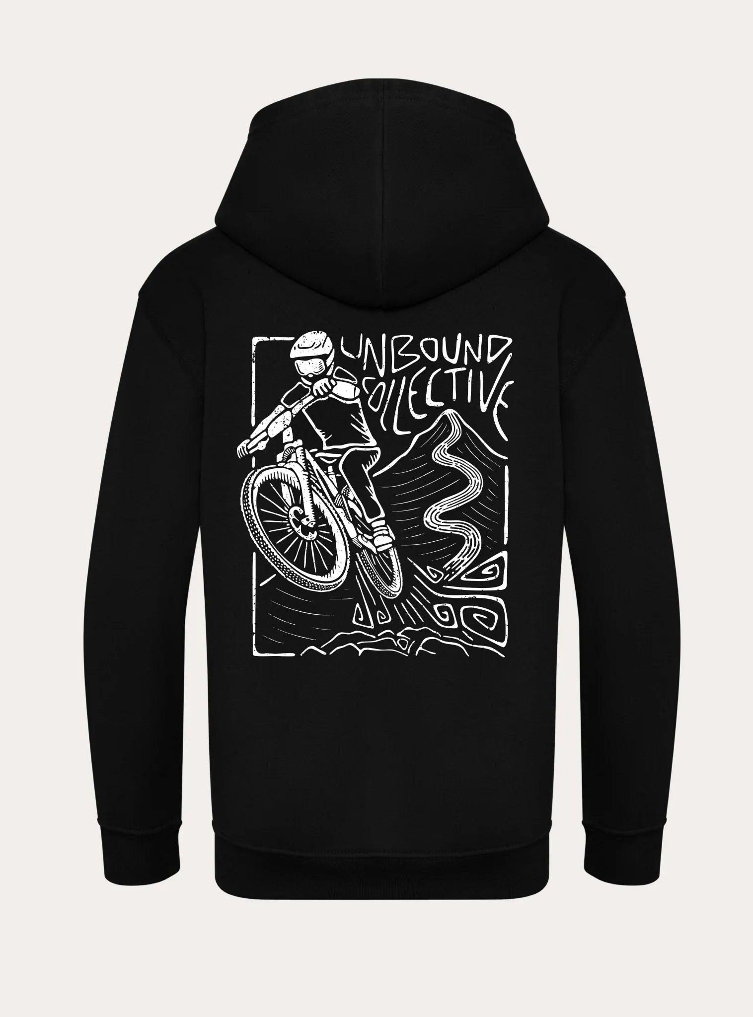 Black unisex hoodie with white mountain bike rider graphic and Unbound Collective logo on back