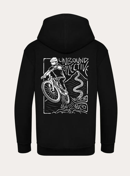 Black unisex hoodie with white mountain bike rider graphic and Unbound Collective logo on back
