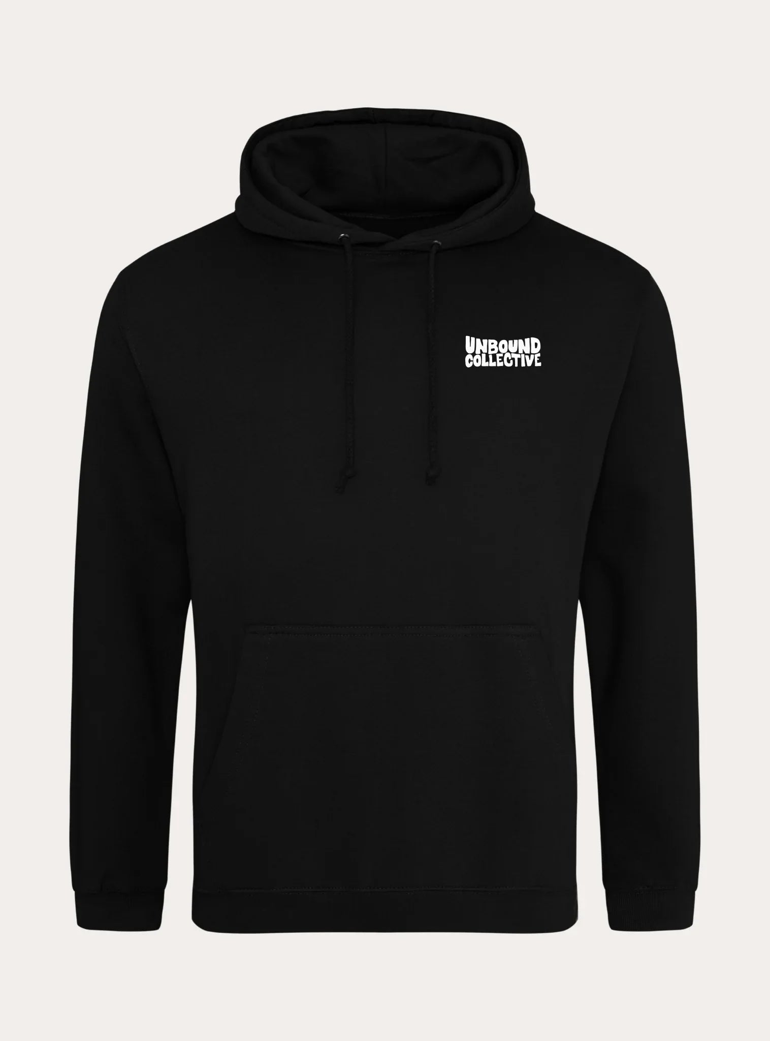 Unbound Collective black unisex hoodie with front kangaroo pocket and white logo on chest