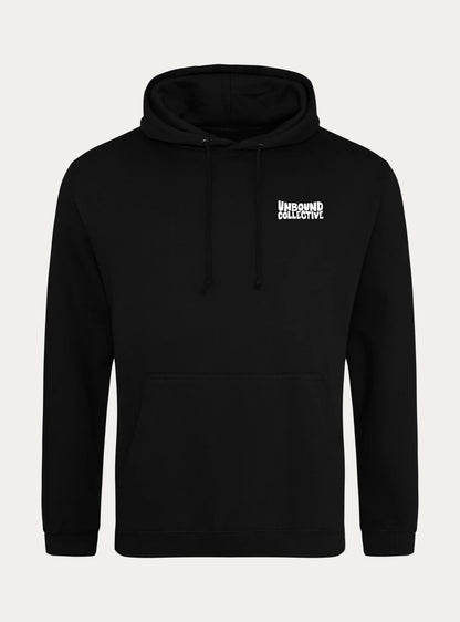 Unbound Collective black unisex hoodie with front kangaroo pocket and white logo on chest