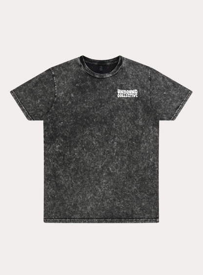 Unbound Collective unisex charcoal mineral wash cotton t-shirt with white logo print on chest