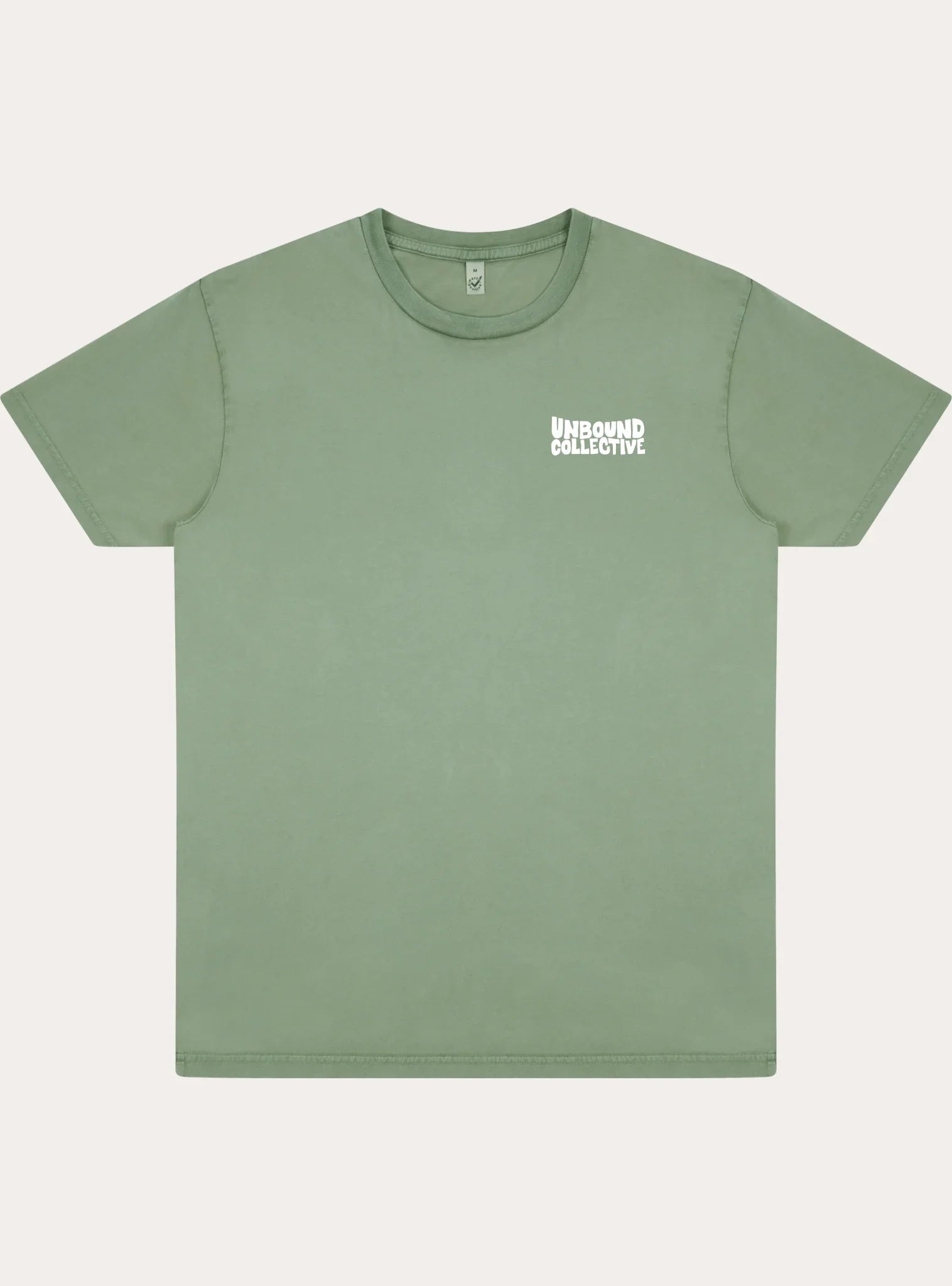 Unisex sage green mountain bike tee with small white Unbound Collective logo on chest