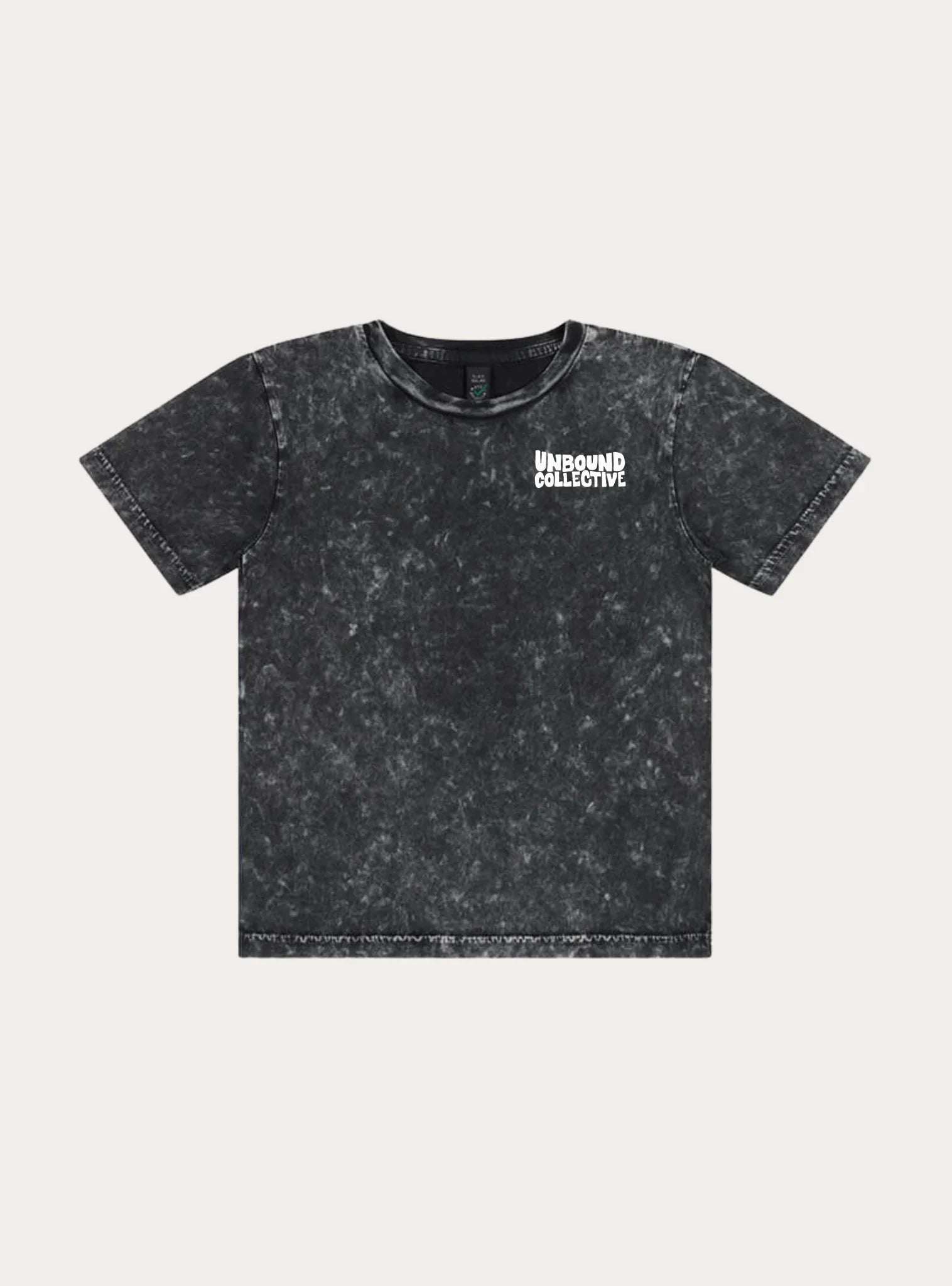 Black mineral wash youth t-shirt with white Unbound Collective logo on chest, sustainable MTB apparel