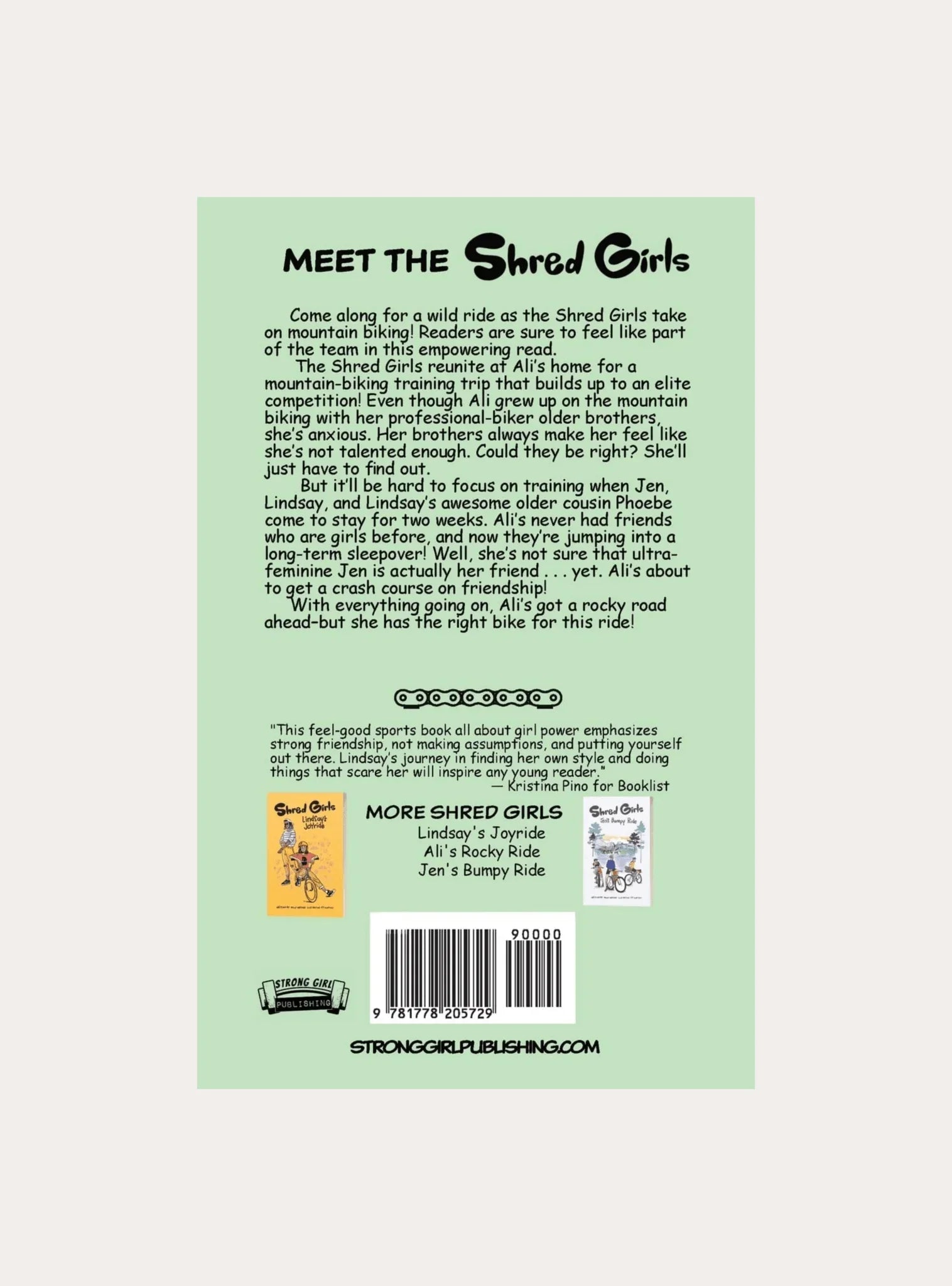 Back cover of 'Meet the Shred Girls' book describing mountain biking adventures and friendship, with small images of related books