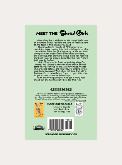 Back cover of 'Meet the Shred Girls' book describing mountain biking adventures and friendship, with small images of related books