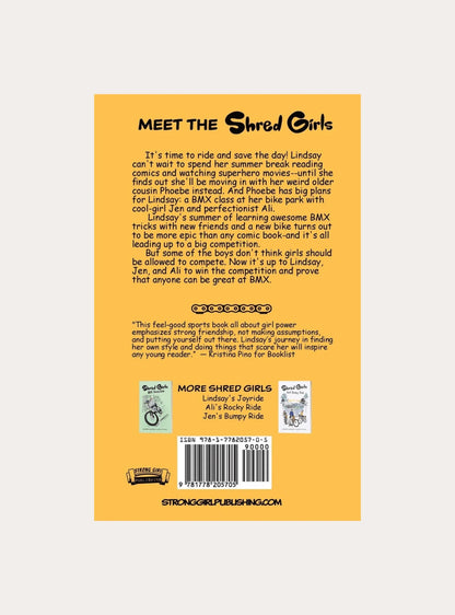 Back cover of Shred Girls book with summary about BMX, girl power, and friendship on orange background